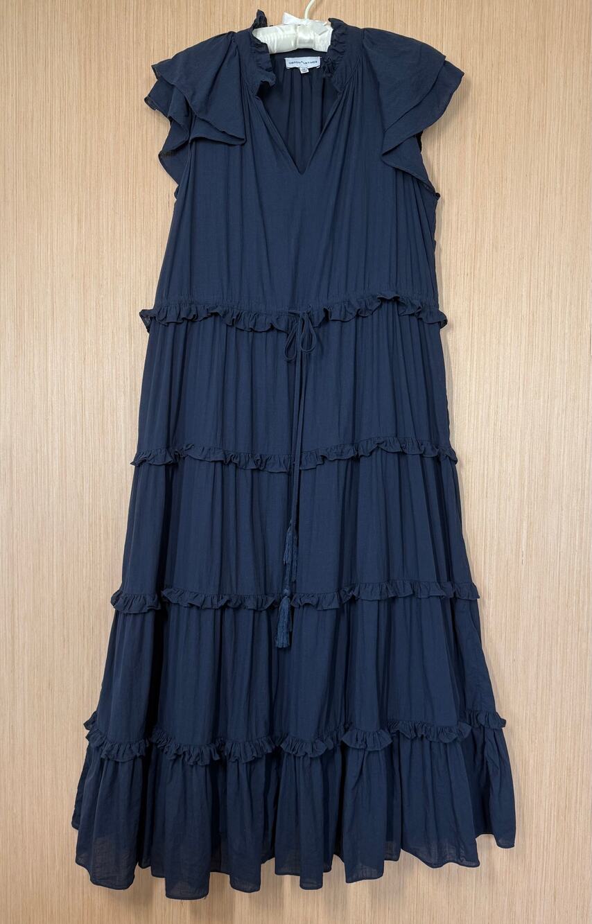 Gibson Latimer 100% Cotton Tiered Ruffle Maxi Dress Size Medium Tassels Navy